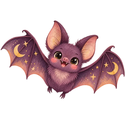 A plum bat with pink cheeks and gold star details on a transparent background