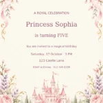 Pink fairytale castle, floral bows and a tiara framing personalised princess birthday text