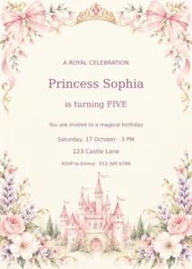 Pink fairytale castle, floral bows and a tiara framing personalised princess birthday text