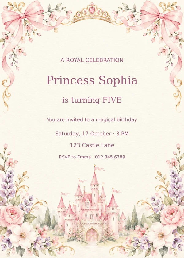 Pink fairytale castle, floral bows and a tiara framing personalised princess birthday text
