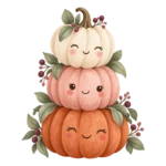 Three smiling ivory, blush and terracotta pumpkins on a transparent background