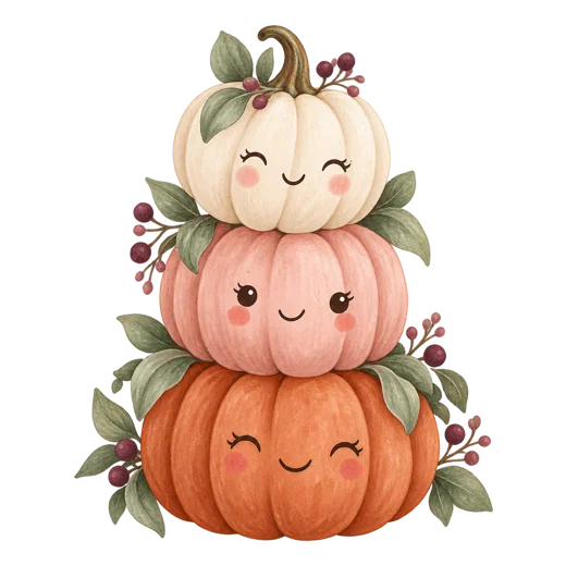 Three smiling ivory, blush and terracotta pumpkins on a transparent background