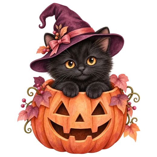 A black kitten in a plum witch hat sitting inside a jack-o-lantern on a transparent background