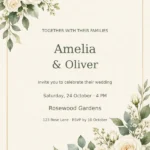 White roses and sage eucalyptus around a gold border with editable wedding invitation names