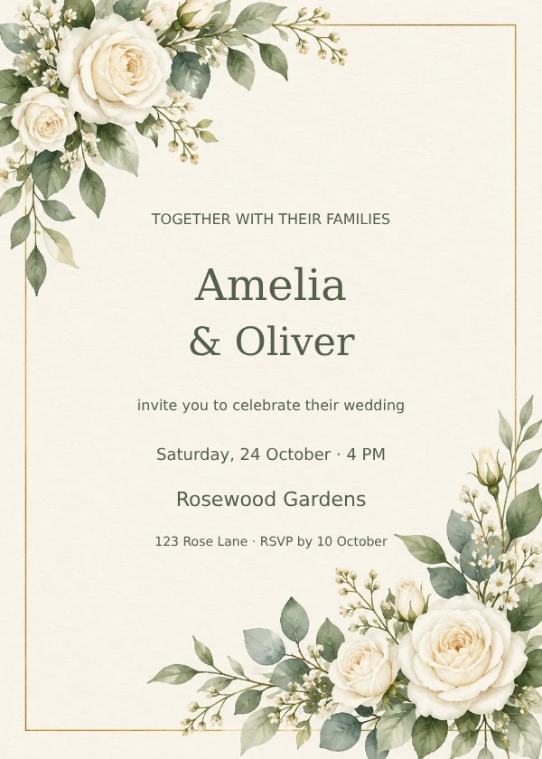 White roses and sage eucalyptus around a gold border with editable wedding invitation names