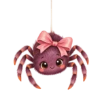 A friendly plum spider with a pink bow and striped legs on a transparent background
