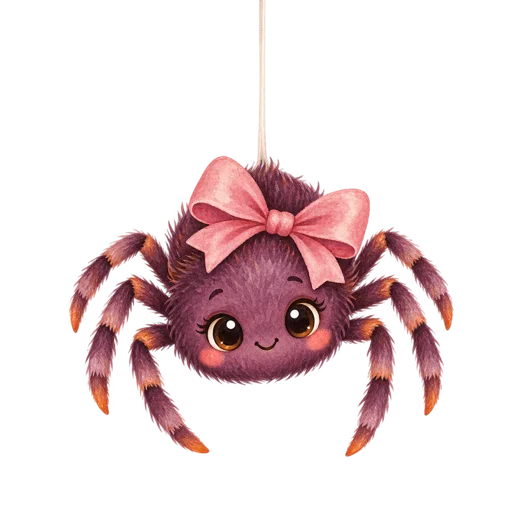 A friendly plum spider with a pink bow and striped legs on a transparent background