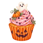A pumpkin cupcake with pink frosting and a little ghost topper on a transparent background