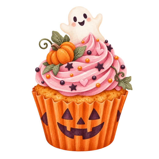 A pumpkin cupcake with pink frosting and a little ghost topper on a transparent background