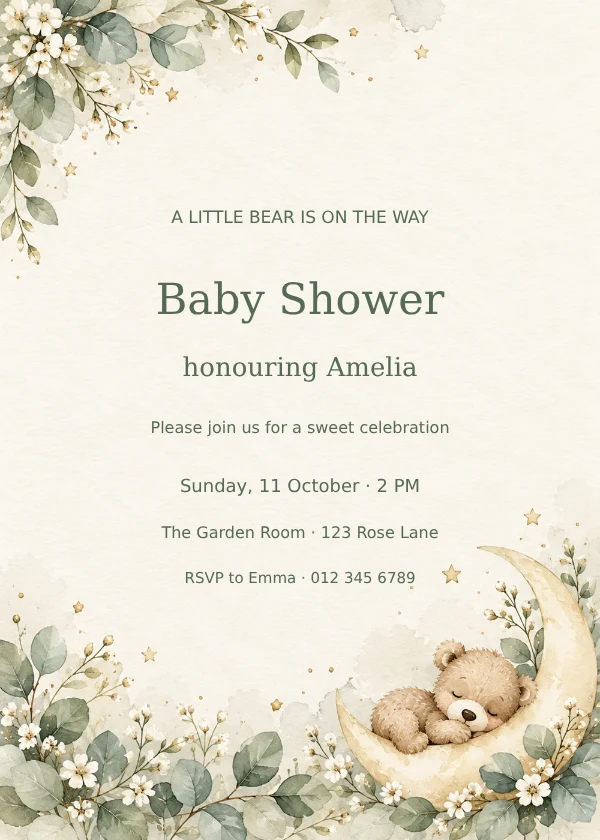 Sleeping teddy bear on a gold crescent moon with sage leaves and baby shower invitation text