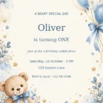 Watercolor teddy bear with dusty blue balloons, stars and editable birthday invitation text