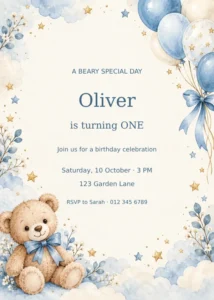 Watercolor teddy bear with dusty blue balloons, stars and editable birthday invitation text