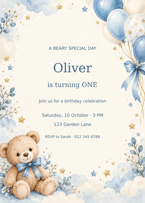 Watercolor teddy bear with dusty blue balloons, stars and editable birthday invitation text