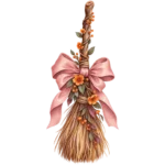 A rustic witch broom decorated with a pink bow and orange flowers on a transparent background