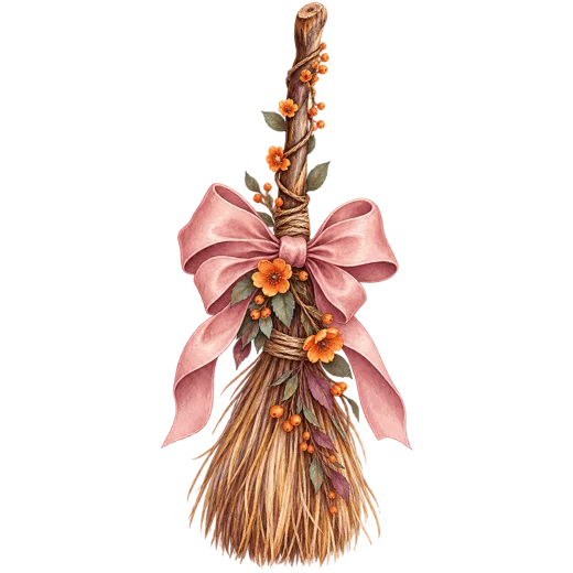 A rustic witch broom decorated with a pink bow and orange flowers on a transparent background