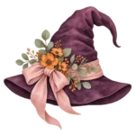 A plum witch hat with a pink bow, orange flowers and sage leaves on a transparent background