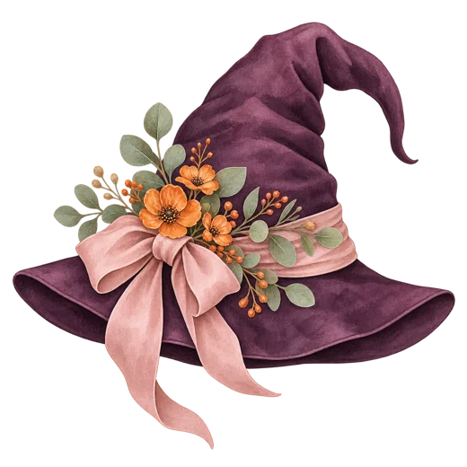 A plum witch hat with a pink bow, orange flowers and sage leaves on a transparent background