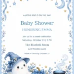 Blue Little Boo Halloween Baby Shower Invitation with sample editable event details