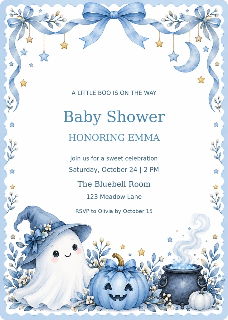 Blue Little Boo Halloween Baby Shower Invitation with sample editable event details