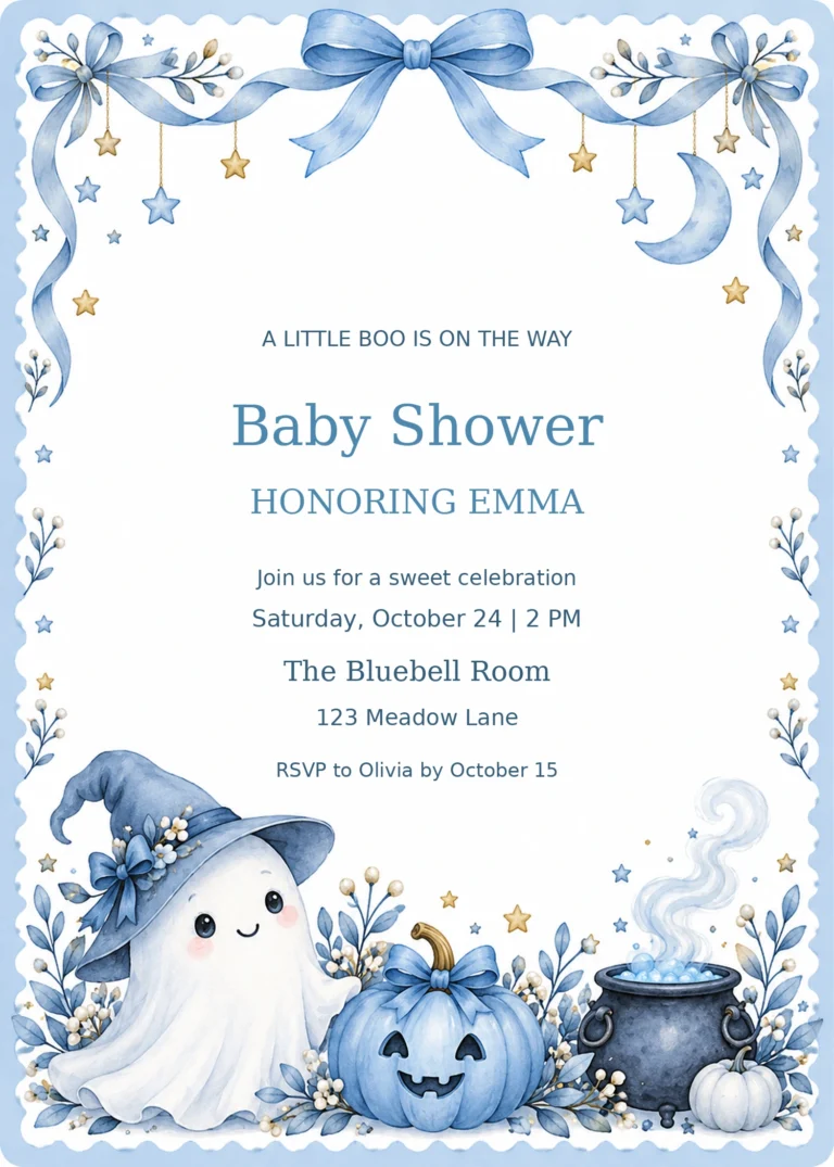 Blue Little Boo Halloween Baby Shower Invitation with sample editable event details