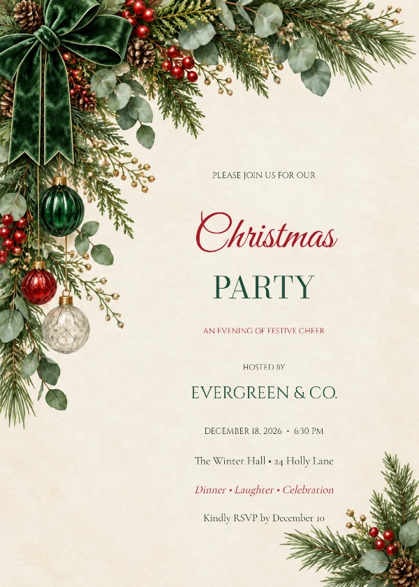 Botanical Office Christmas Party Invitation with stylish script and serif event wording