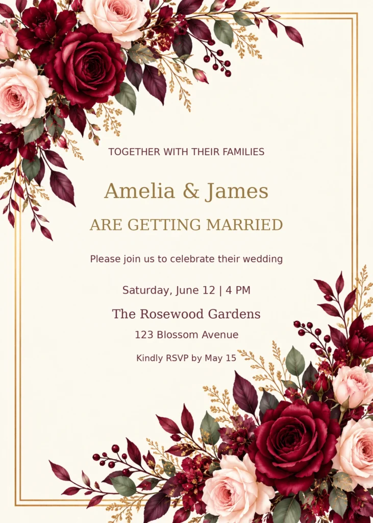 Burgundy Rose and Gold Wedding Invitation with sample editable event details