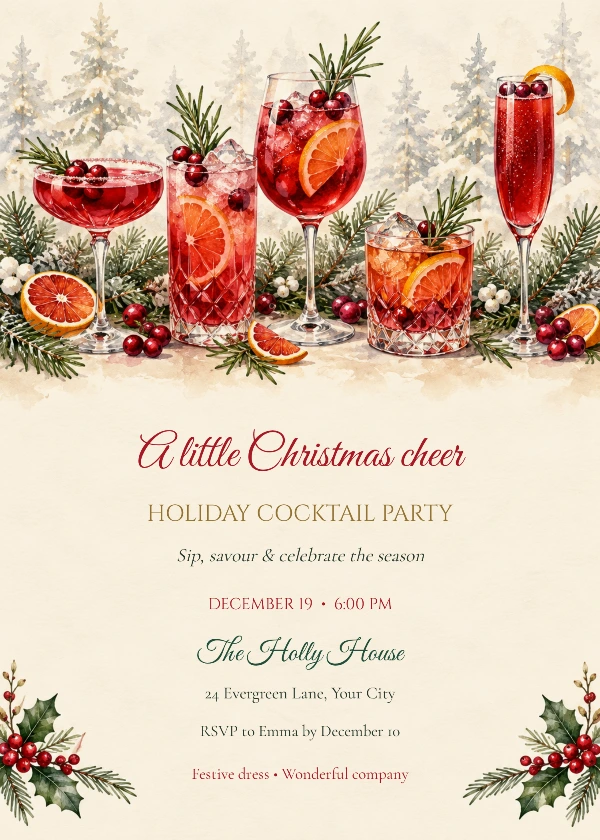 Christmas Cheers Holiday Cocktail Invitation with stylish script and serif event wording