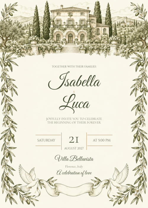 Hand Drawn Wedding Invitation featuring Isabella and Luca