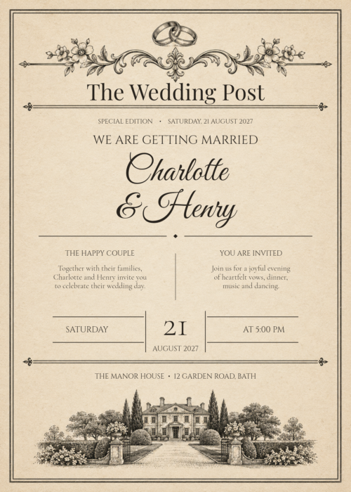 Vintage Newspaper Wedding Invitation featuring Charlotte and Henry
