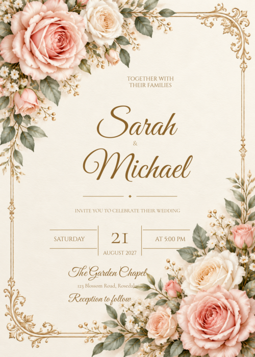 Blush Pink Rose Wedding Invitation featuring Sarah and Michael