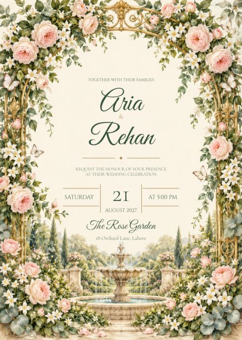 Romantic Garden Wedding Invitation featuring Aria and Rehan