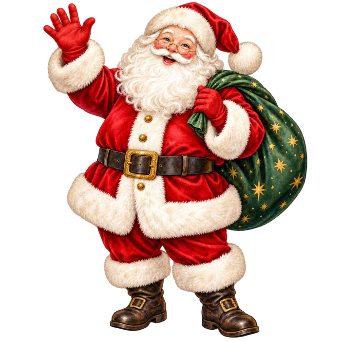 Waving Santa Claus watercolor illustration on transparent background