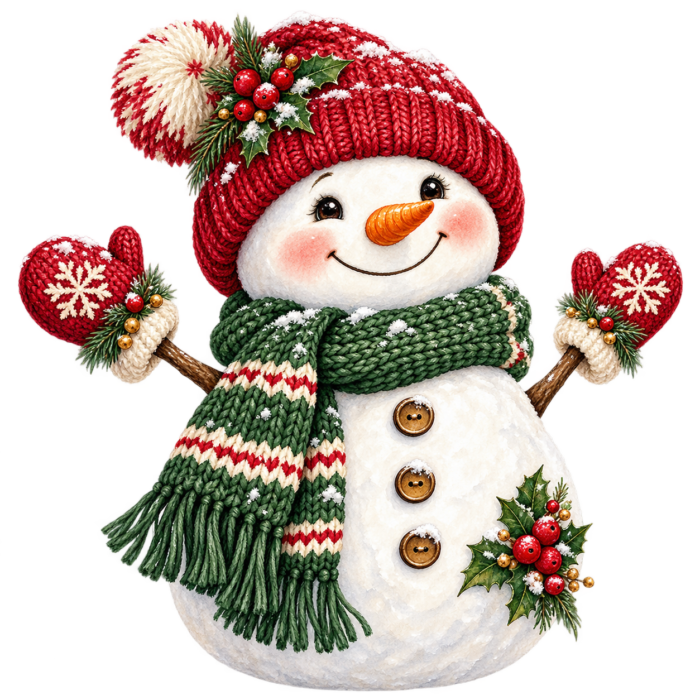 Cozy Christmas Snowman watercolor illustration on transparent background