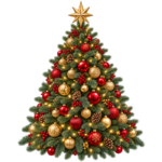 Decorated Christmas Tree watercolor illustration on transparent background