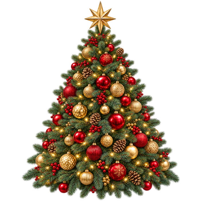 Decorated Christmas Tree watercolor illustration on transparent background