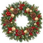 Evergreen Christmas Wreath watercolor illustration on transparent background
