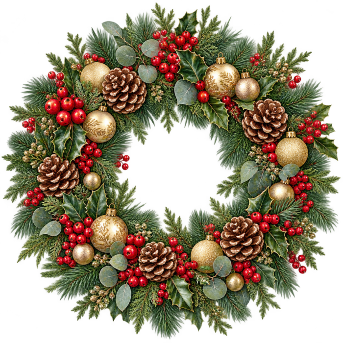 Evergreen Christmas Wreath watercolor illustration on transparent background