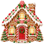 Gingerbread Cottage watercolor illustration on transparent background
