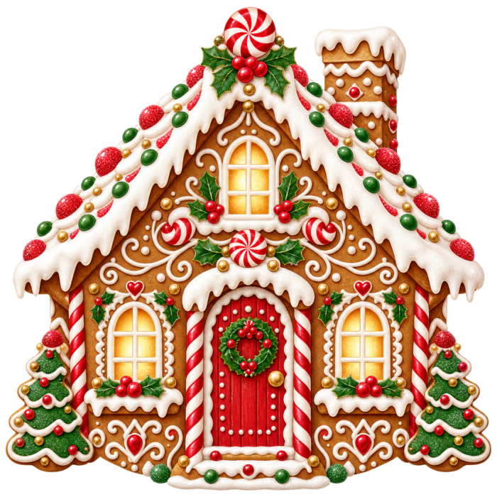 Gingerbread Cottage watercolor illustration on transparent background