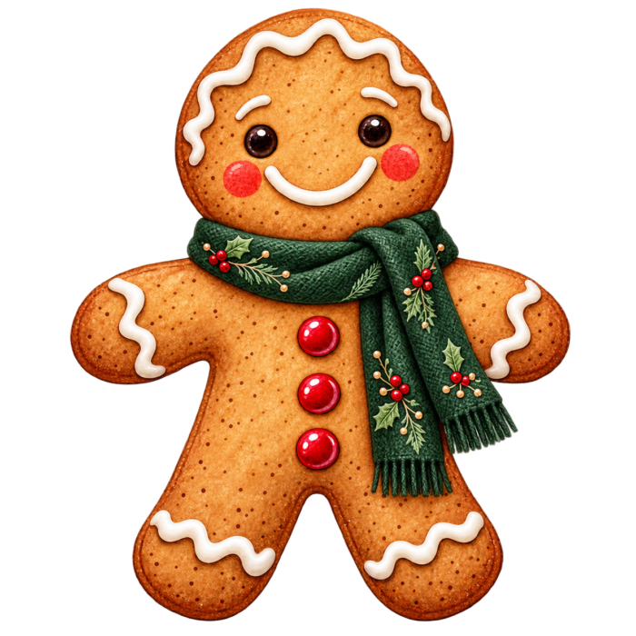 Smiling Gingerbread Cookie watercolor illustration on transparent background