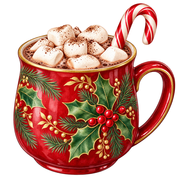 Christmas Hot Chocolate watercolor illustration on transparent background