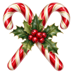 Holly Candy Canes watercolor illustration on transparent background
