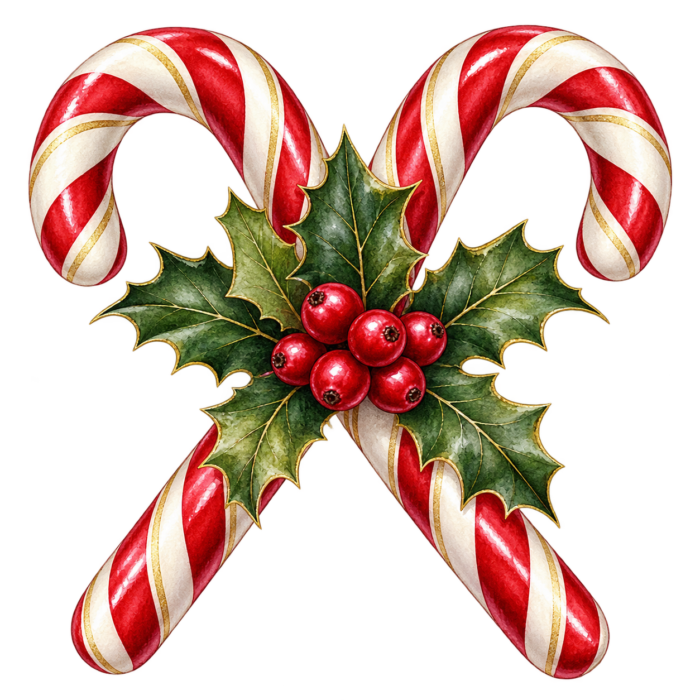 Holly Candy Canes watercolor illustration on transparent background