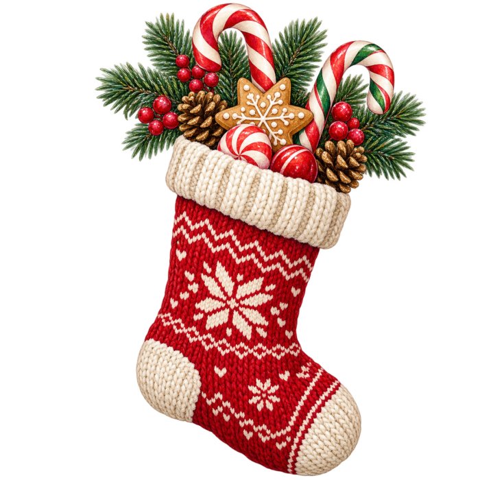 Knitted Christmas Stocking watercolor illustration on transparent background