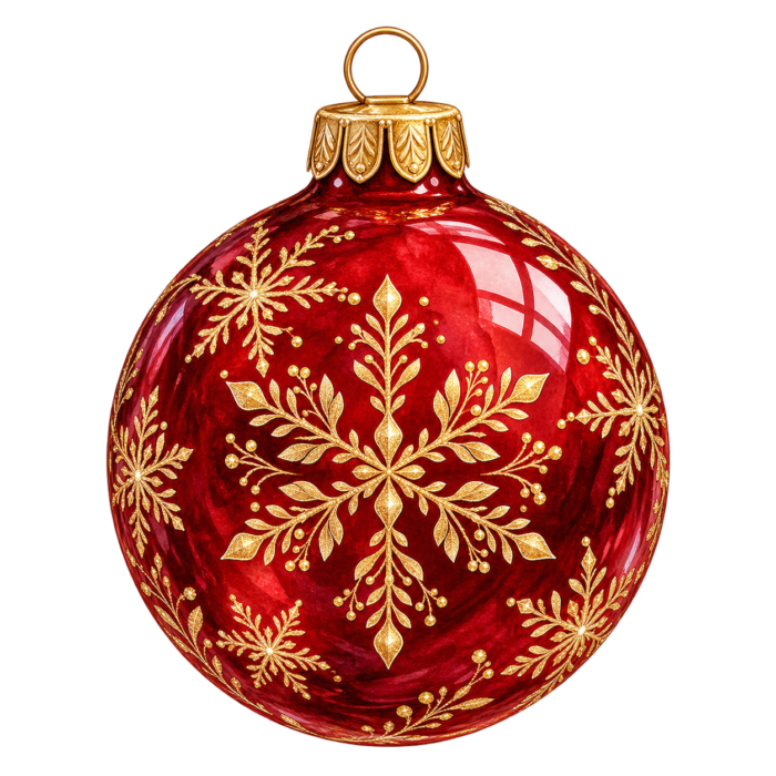 Red and Gold Christmas Bauble watercolor illustration on transparent background