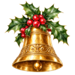 Golden Holly Bell watercolor illustration on transparent background