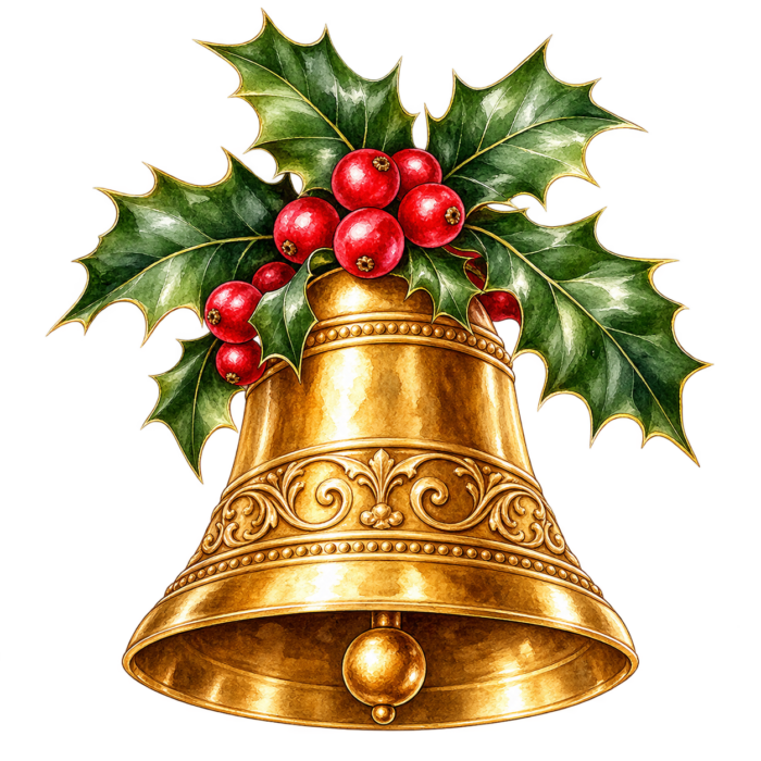 Golden Holly Bell watercolor illustration on transparent background