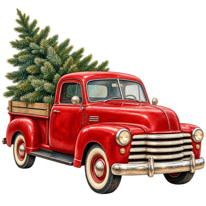 Vintage Christmas Truck watercolor illustration on transparent background