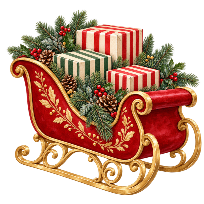 Christmas Gift Sleigh watercolor illustration on transparent background