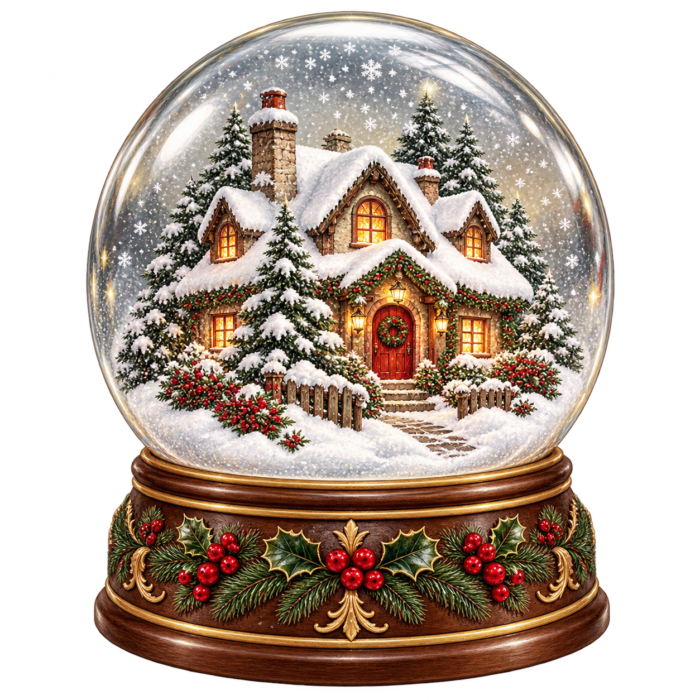 Winter Cottage Snow Globe watercolor illustration on transparent background
